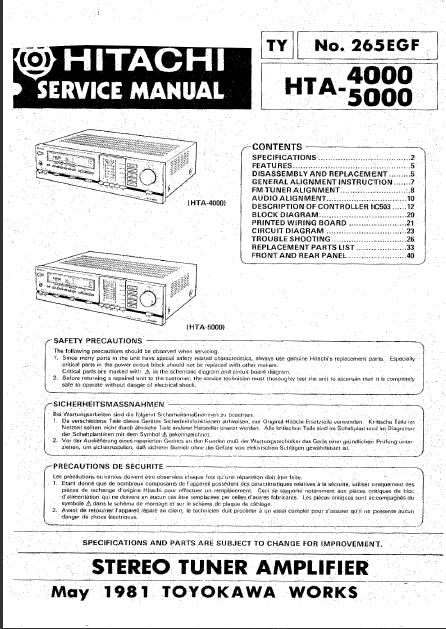 HITACHI HTA-4000 HTA-5000 STEREO TUNER AMPLIFIER SERVICE MANUAL INC SCHEMATIC DIAGRAMS 25 PAGES ENG DEUT FRANC