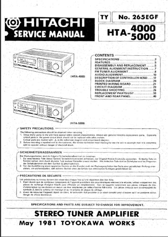 HITACHI HTA-4000 HTA-5000 STEREO TUNER AMPLIFIER SERVICE MANUAL INC SCHEMATIC DIAGRAMS 25 PAGES ENG DEUT FRANC