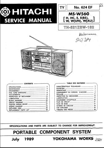 HITACHI MS-W560 PORTABLE COMPONENT SYSTEM SERVICE MANUAL INC SCHEM DIAGS 35 PAGES ENG FRANC