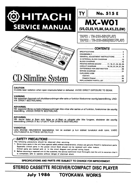 HITACHI MX-W01 STEREO CASSETTE RECEIVER/CD PLAYER SERVICE MANUAL INC SCHEMATIC DIAGRAMS 23 PAGES ENG