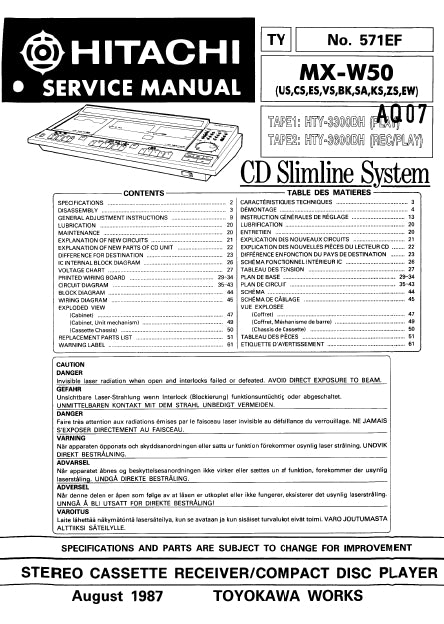 HITACHI MX-W50 STEREO CASSETTE RECEIVER/CD PLAYER SERVICE MANUAL INC SCHEMATIC DIAGRAMS 44 PAGES ENG