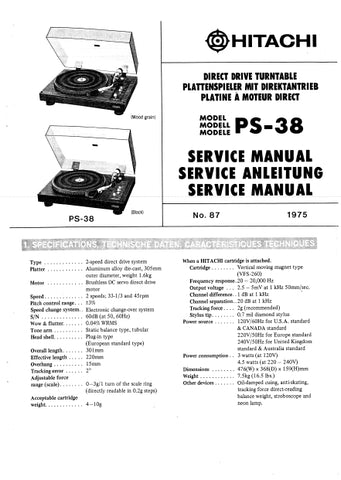 HITACHI PS-38 DIRECT DRIVE TURNTABLE SERVICE MANUAL INC SCHEM DIAGS 15 PAGES ENG DEUT FRANC