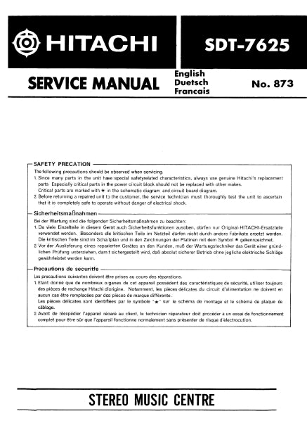 HITACHI SDT-7625 STEREO MUSIC CENTER SERVICE MANUAL INC SCHEM DIAGS 23 PAGES ENG DEUT FRANC