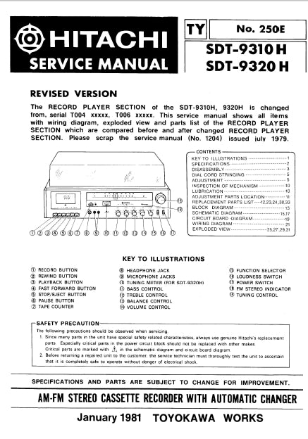 HITACHI SDT-9310H SDT-9320H AM FM STEREO CASSETTE RECORDER WITH AUTOMATIC CHANGER SERVICE MANUAL INC SCHEM DIAGS 24 PAGES ENG