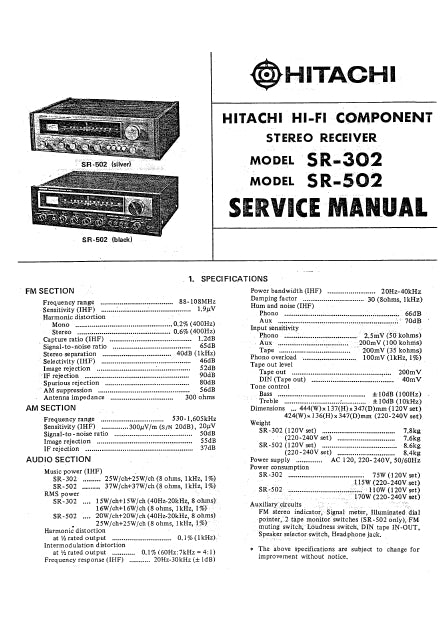 HITACHI SR-302 SR-502 STEREO RECEIVER SERVICE MANUAL INC SCHEM DIAGS 17 PAGES ENG