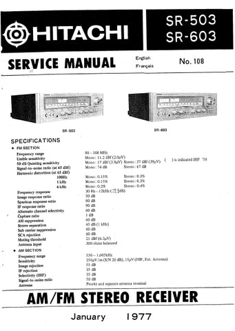HITACHI SR-503 SR-603 AM FM STEREO RECEIVER SERVICE MANUAL INC SCHEM DIAGS 24 PAGES ENG FRANC