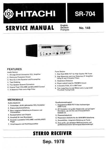 HITACHI SR-704 STEREO RECEIVER SERVICE MANUAL INC SCHEM DIAGS 16 PAGES ENG DEUT FRANC