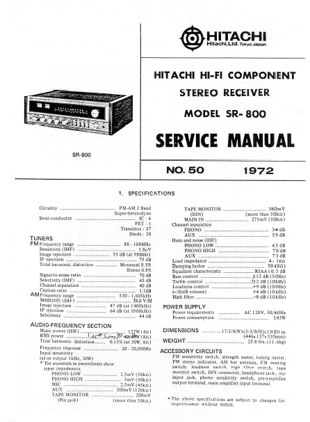 HITACHI SR-800 STEREO RECEIVER SERVICE MANUAL INC SCHEM DIAGS 24 PAGES ENG