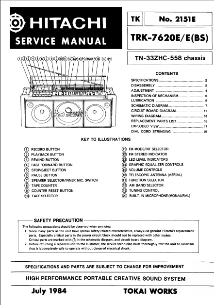 HITACHI TRK-7620 HIGH PERFORMANCE PORTABLE CREATIVE SOUND SYSTEM SERVICE MANUAL INC SCHEM DIAGS 16 PAGES ENG