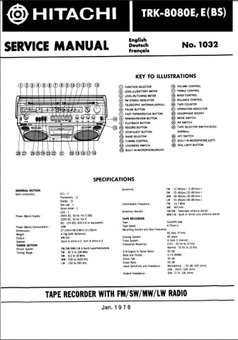 HITACHI TRK-8080E CASSETTE TAPE RECORDER WITH FM SW MW LW RADIO SERVICE MANUAL INC SCHEM DIAGS 25 PAGES ENG DEUT FRANC