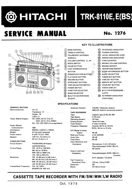 HITACHI TRK-8110E CASSETTE TAPE RECORDER WITH FM SW MW LW RADIO SERVICE MANUAL INC SCHEMATIC DIAGRAMS 21 PAGES ENG