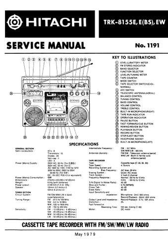 HITACHI TRK-8155E CASSETTE TAPE RECORDER WITH FM SW MW LW RADIO SERVICE MANUAL INC SCHEM DIAGS 18 PAGES ENG