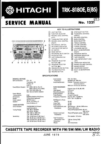 HITACHI TRK-8180E CASSETTE TAPE RECORDER WITH FM SW MW LW RADIO SERVICE MANUAL INC SCHEM DIAGS 30 PAGES ENG