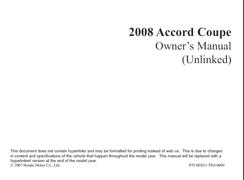 HONDA ACCORD COUPE 2008 MOTOR CAR OWNERS MANUAL 414 PAGES ENGLISH