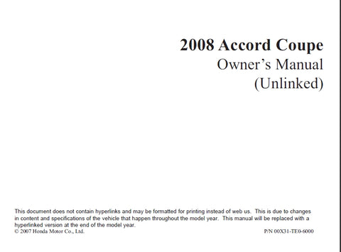 HONDA ACCORD COUPE 2008 MOTOR CAR OWNERS MANUAL 414 PAGES ENGLISH