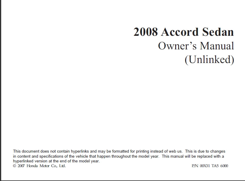 HONDA ACCORD SEDAN 2008 MOTOR CAR OWNERS MANUAL 422 PAGES ENGLISH
