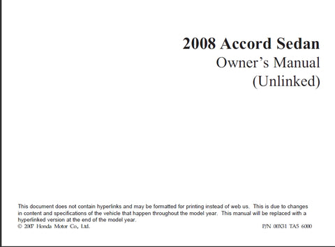 HONDA ACCORD SEDAN 2008 MOTOR CAR OWNERS MANUAL 422 PAGES ENGLISH