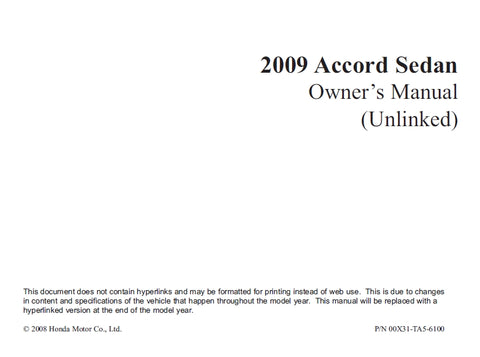HONDA ACCORD SEDAN 2009 MOTOR CAR OWNERS MANUAL 422 PAGES ENGLISH