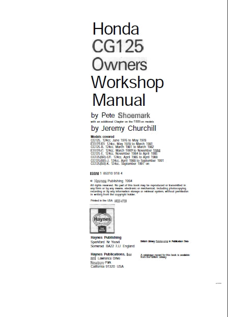 HONDA CG125 MOTORCYCLE OWNERS WORKSHOP MANUAL 128 PAGES ENG