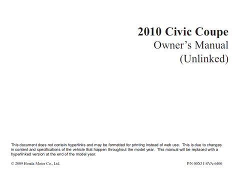 HONDA CIVIC COUPE 2010 MOTOR CAR OWNERS MANUAL 402 PAGES ENGLISH