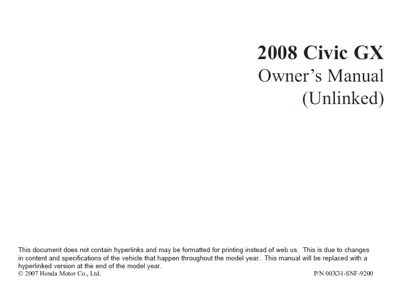 HONDA CIVIC GX 2008 MOTOR CAR OWNERS MANUAL 36 PAGES ENGLISH