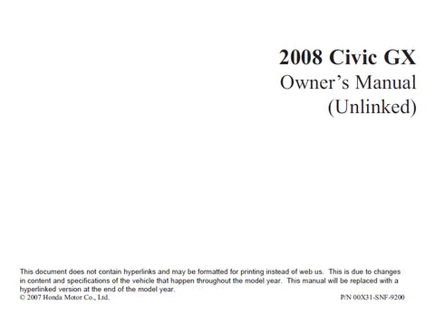 HONDA CIVIC GX 2008 MOTOR CAR OWNERS MANUAL 36 PAGES ENGLISH