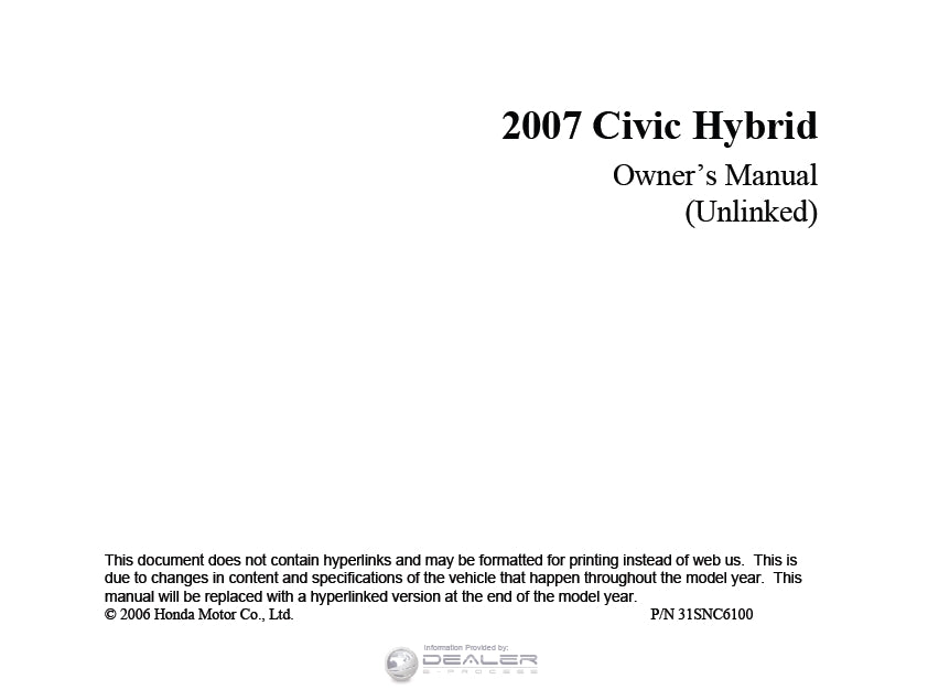 HONDA CIVIC HYBRID 2007 MOTOR CAR OWNERS MANUAL 274 PAGES ENGLISH