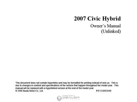 HONDA CIVIC HYBRID 2007 MOTOR CAR OWNERS MANUAL 274 PAGES ENGLISH