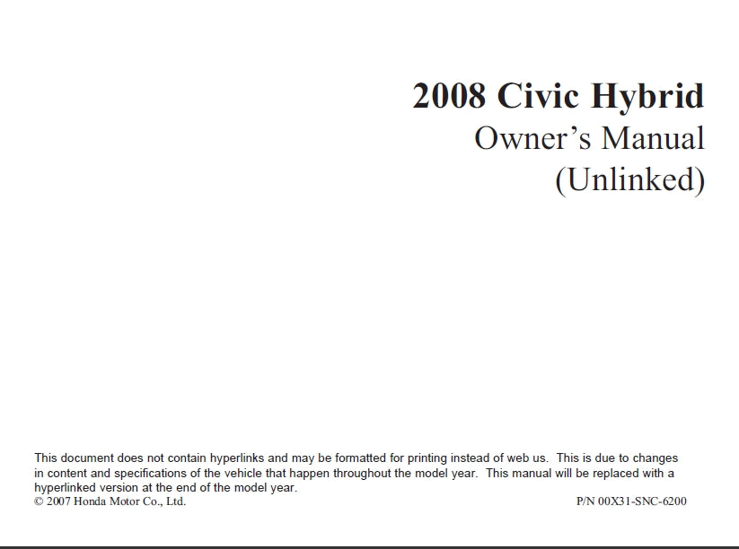 HONDA CIVIC HYBRID 2008 MOTOR CAR OWNERS MANUAL 302 PAGES ENGLISH
