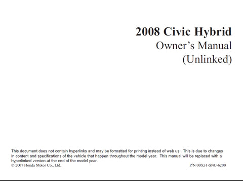 HONDA CIVIC HYBRID 2008 MOTOR CAR OWNERS MANUAL 302 PAGES ENGLISH