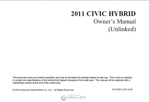 HONDA CIVIC HYBRID 2011 MOTOR CAR OWNERS MANUAL 374 PAGES ENGLISH