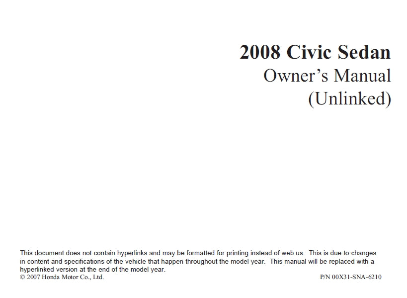 HONDA CIVIC SEDAN 2008 MOTOR CAR OWNERS MANUAL 326 PAGES ENGLISH