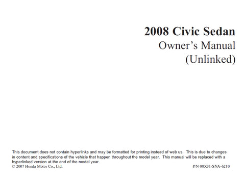 HONDA CIVIC SEDAN 2008 MOTOR CAR OWNERS MANUAL 326 PAGES ENGLISH
