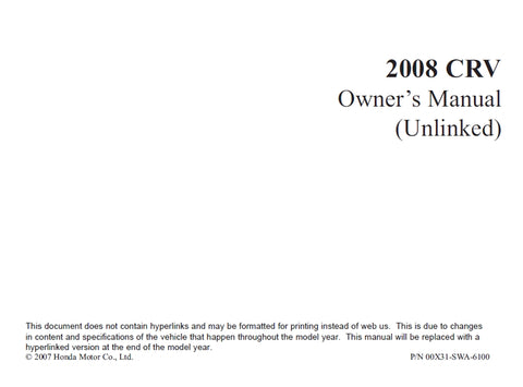 HONDA CR-V 2008 MOTOR CAR OWNERS MANUAL 374 PAGES ENGLISH