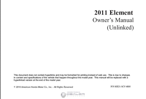 HONDA ELEMENT 2011 MOTOR CAR OWNERS MANUAL 286 PAGES ENGLISH