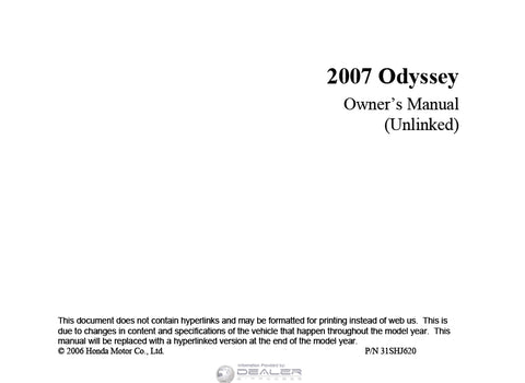 HONDA ODYSSEY 2007 MOTOR CAR OWNERS MANUAL 460 PAGES ENGLISH