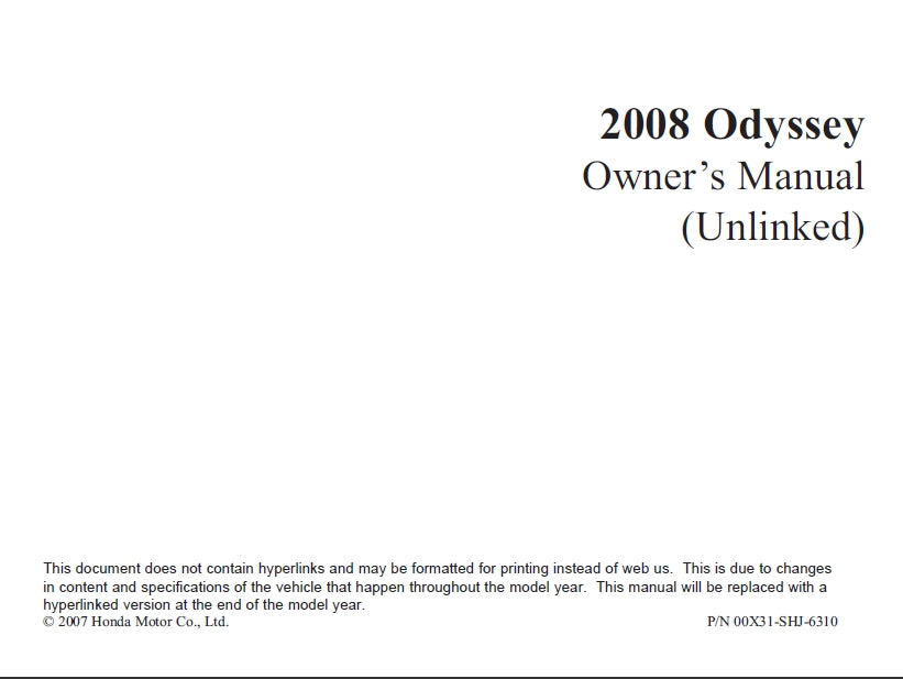 HONDA ODYSSEY 2008 MOTOR CAR OWNERS MANUAL 526 PAGES ENGLISH
