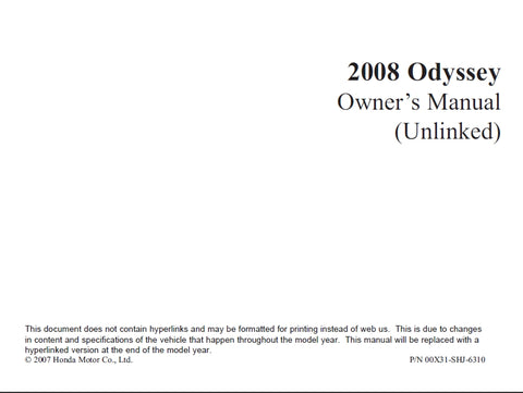 HONDA ODYSSEY 2008 MOTOR CAR OWNERS MANUAL 526 PAGES ENGLISH