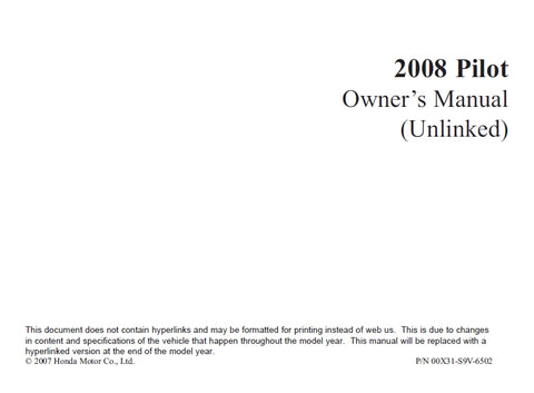 HONDA PILOT 2008 MOTOR CAR OWNERS MANUAL 330 PAGES ENGLISH