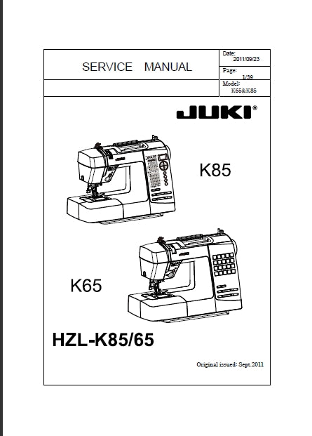 JUKI HZL-K65 HZL-K85 SEWING MACHINE SERVICE MANUAL 39 PAGES ENGLISH
