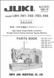 JUKI LBH-781 LBH-782 LBH-783 LBH-784 SEWING MACHINE PARTS BOOK 30 PAGES ENG