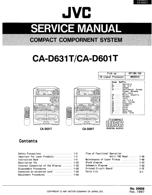 JVC CA-D631T CA-D601T COMPACT COMPONENT SYSTEM SERVICE MANUAL INC SCHEM DIAGS 153 PAGES ENG