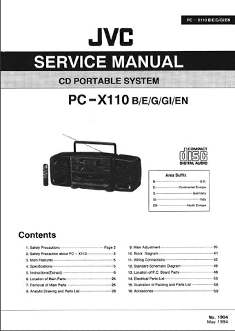 JVC PC-X110 CD PORTABLE SYSTEM SERVICE MANUAL INC SCHEM DIAGS 74 PAGES ENG