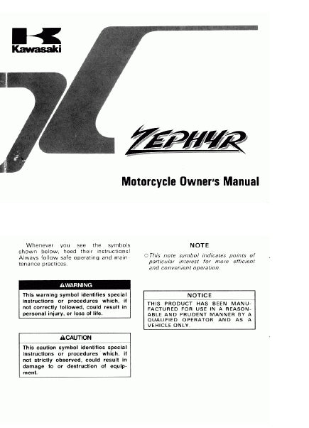 KAWASAKI ZR550-B2 ZEPHYR MOTORCYCLE OWNERS MANUAL 28 PAGES ENGLISH