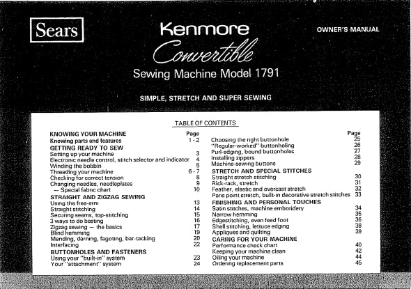 KENMORE 1791 SEWING MACHINE OWNERS MANUAL 48 PAGES ENG