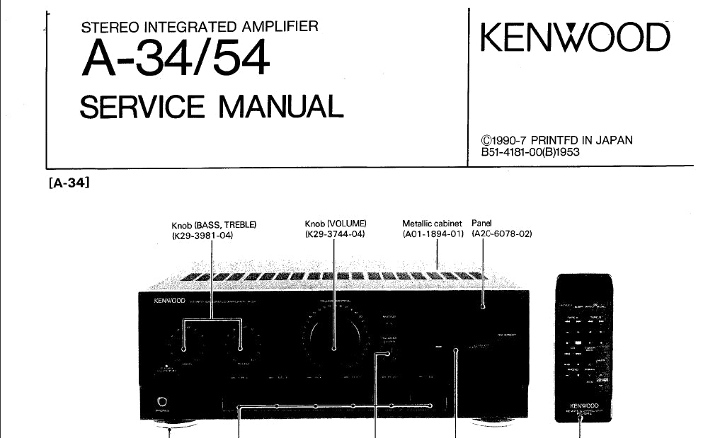 KENWOOD A-34 A-54 STEREO INTEGRATED AMPLIFIER SERVICE MANUAL INC SCHEMATIC DIAGRAMS 15 PAGES ENG