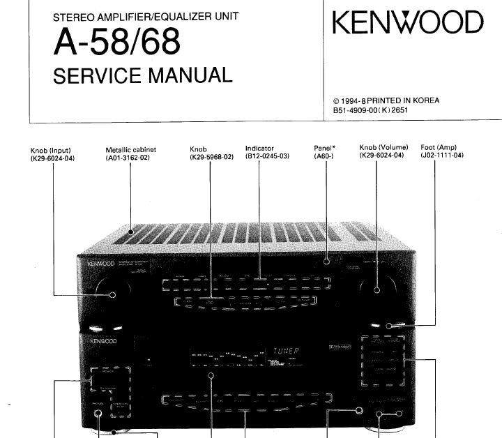 KENWOOD A-58 A-68 STEREO AMPLIFIER/EQUALIZER UNIT SERVICE MANUAL INC SCHEMATIC DIAGRAMS 44 PAGES ENG