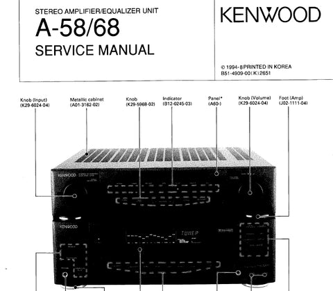 KENWOOD A-58 A-68 STEREO AMPLIFIER/EQUALIZER UNIT SERVICE MANUAL INC SCHEMATIC DIAGRAMS 44 PAGES ENG