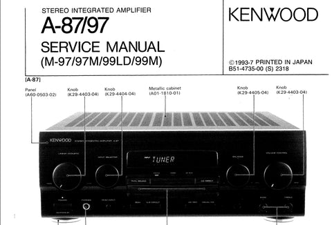 KENWOOD A-87 A-97 STEREO INTEGRATED AMPLIFIER SERVICE MANUAL INC SCHEMATIC DIAGRAMS 22 PAGES ENG