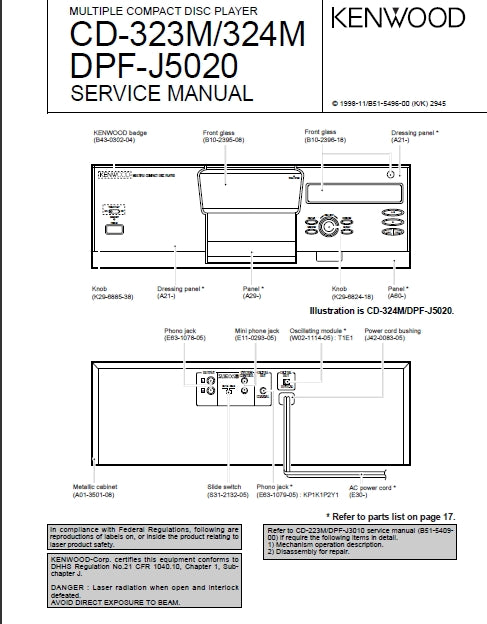 KENWOOD CD-323M CD-324M DPF-J5020 MULTIPLE CD PLAYER SERVICE MANUAL INC SCHEMS 17 PAGES ENG (